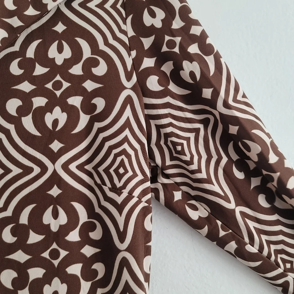 INC Size Medium Retro Floral Medallion Brown Long Sleeve Chunky Button Dress